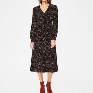 Boden Elsie Spot Print Long Sleeve Button Front Poinsettia Black Midi Dress Sz 8